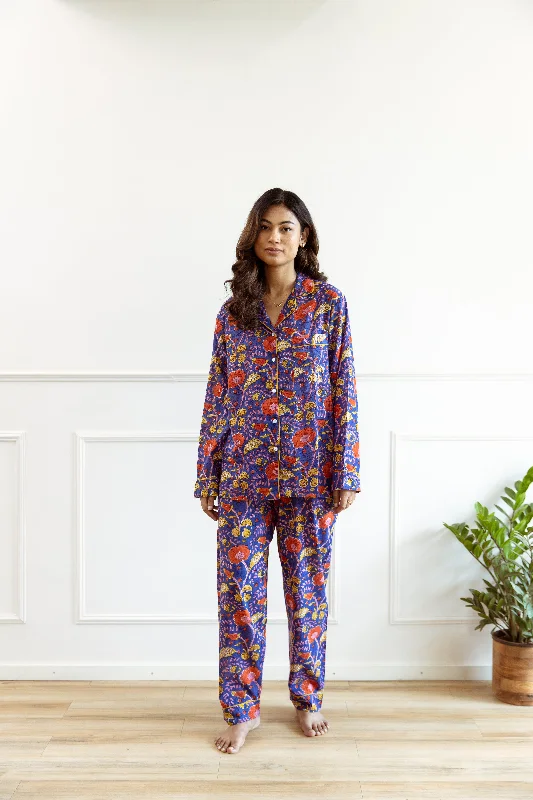 Long PJ Set -  Blue & Red Floral Print Knitted pajama sets