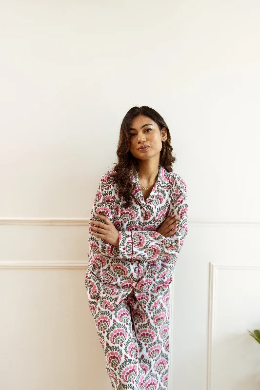 Long PJ Set -  Pink & Green Fan Print Luxury pajama sets