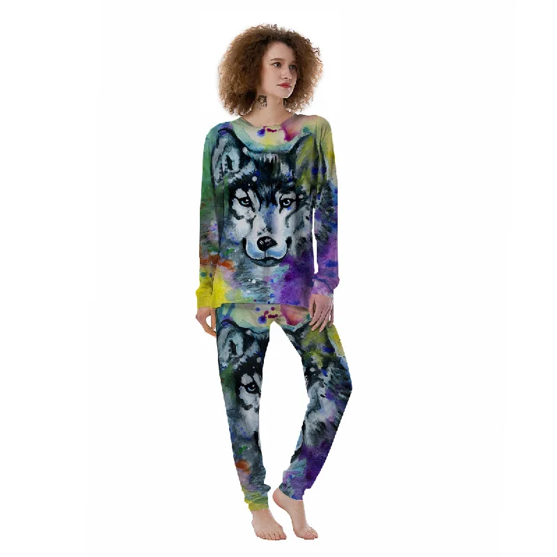 Portrait Wolf Watercolor Print Women's Pajamas Bamboo pajama sets