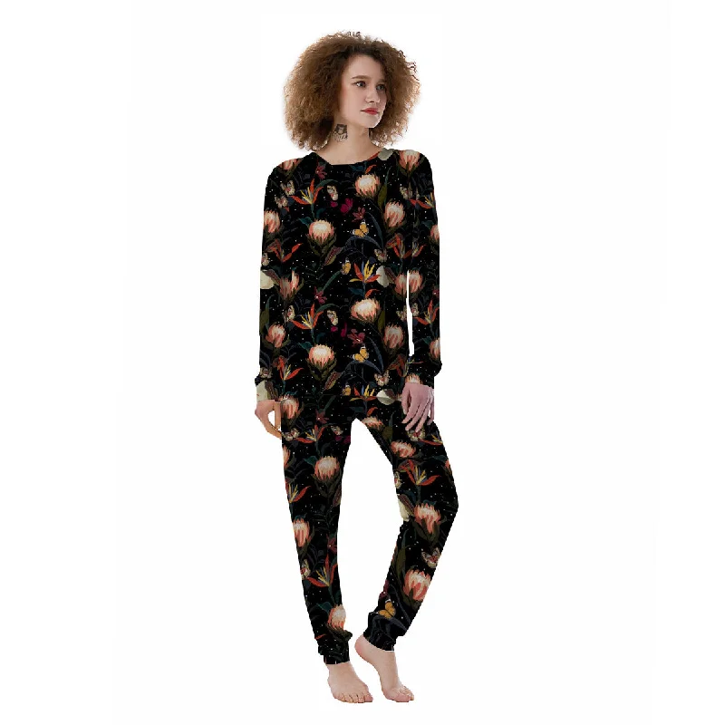 Protea Watercolor Print Pattern Women's Pajamas Silk pajama sets