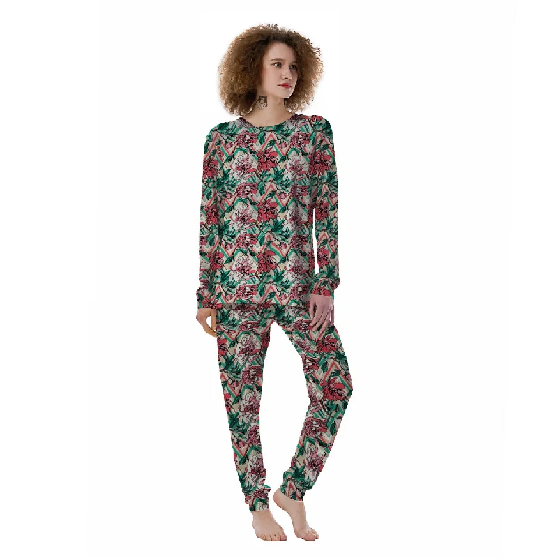 Rose And Zigzag Peony Print Pattern Women's Pajamas Hoodie pajama sets