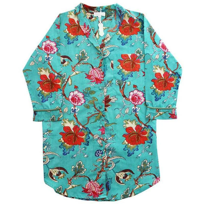 Teal Exotic Flower Ladies Nightshirt Cozy winter pajama sets