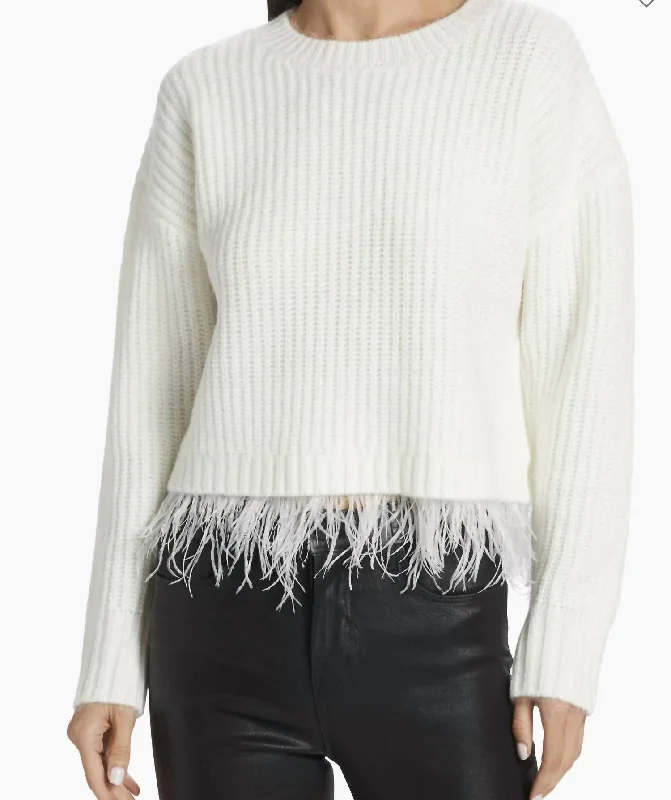 Feather Trim Ribbed Knit Sweater In Winter White Fall sweaters