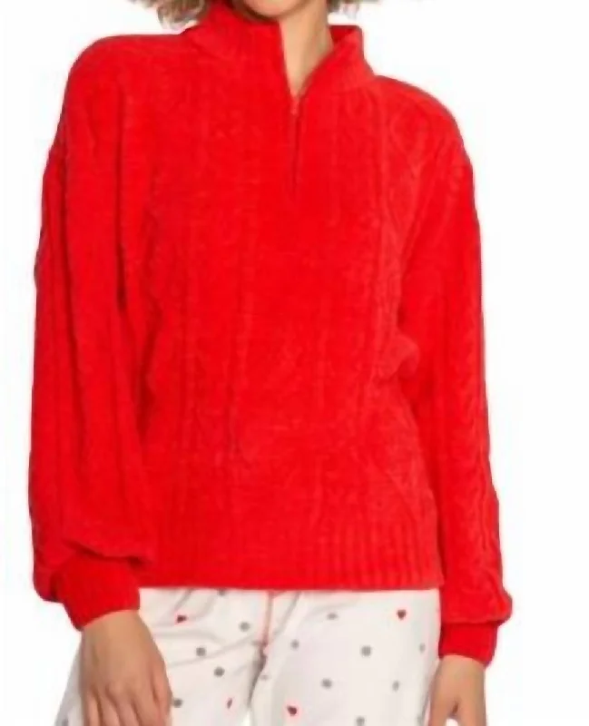 Festive Cable Knit Quarter Zip In Scarlet Lightweight sweaters