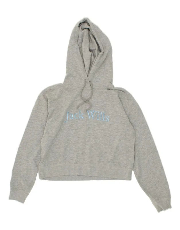 JACK WILLS Womens Crop Graphic Hoodie Jumper UK 8 Small  Grey Flecked Best sweaters for travel