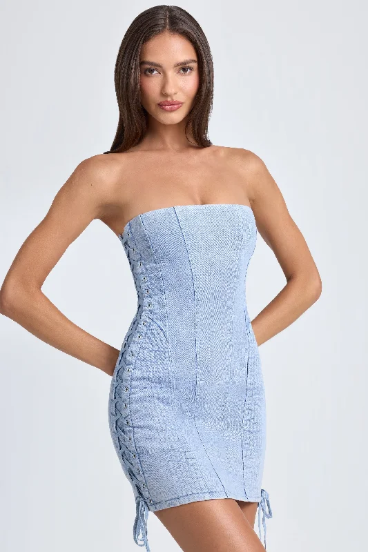 Bandeau Lace-Up Mini Dress in Light Blue Stonewash A-line mini dresses