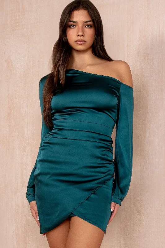 Rosie Teal Satin One Shoulder Dress Comfortable mini dresses for everyday wear