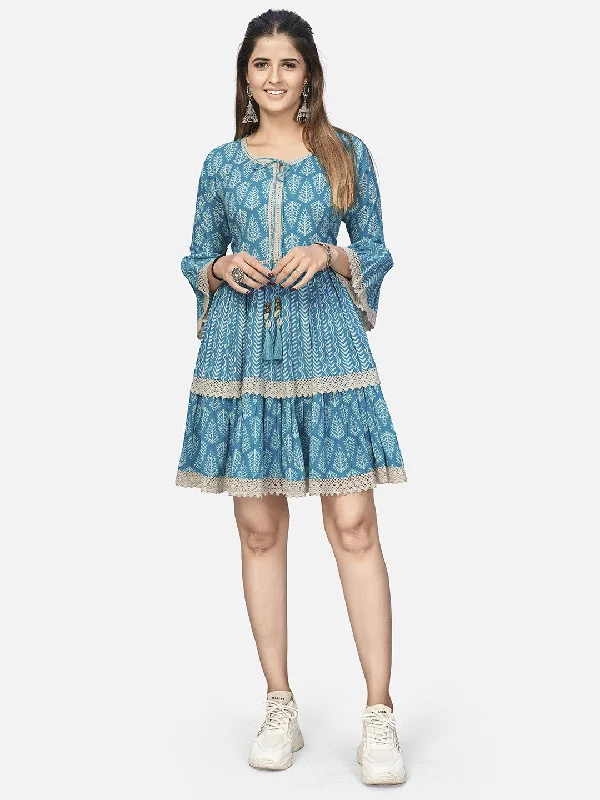 Sky Blue Embroidered Flared Cotton Dress Best mini dresses for summer vacation