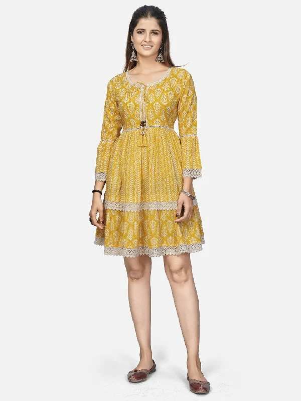 Yellow Embroidered Flared Cotton Dress Chiffon mini dresses