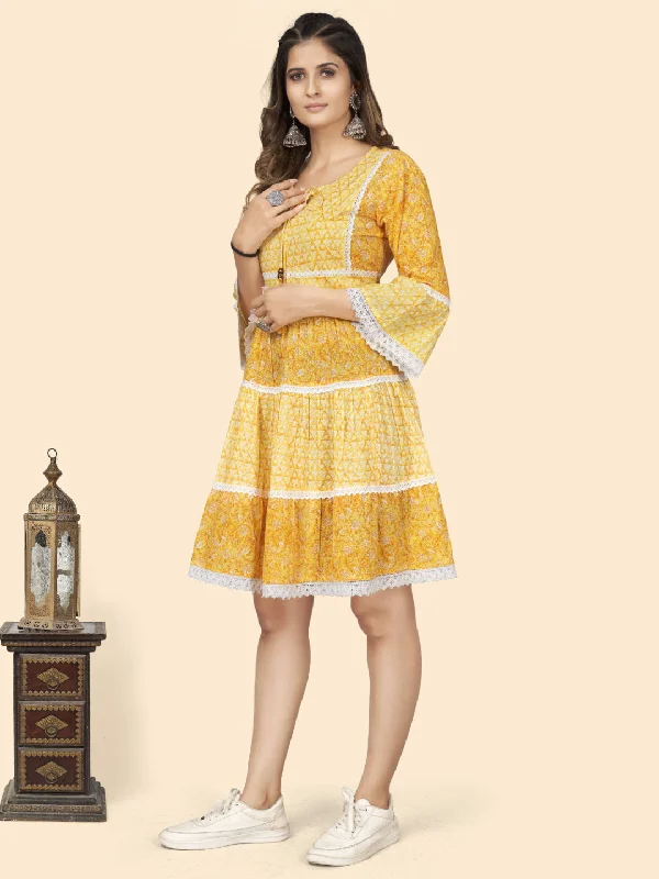 Yellow Print & Lace Work Flared Cotton Dress Satin mini dresses