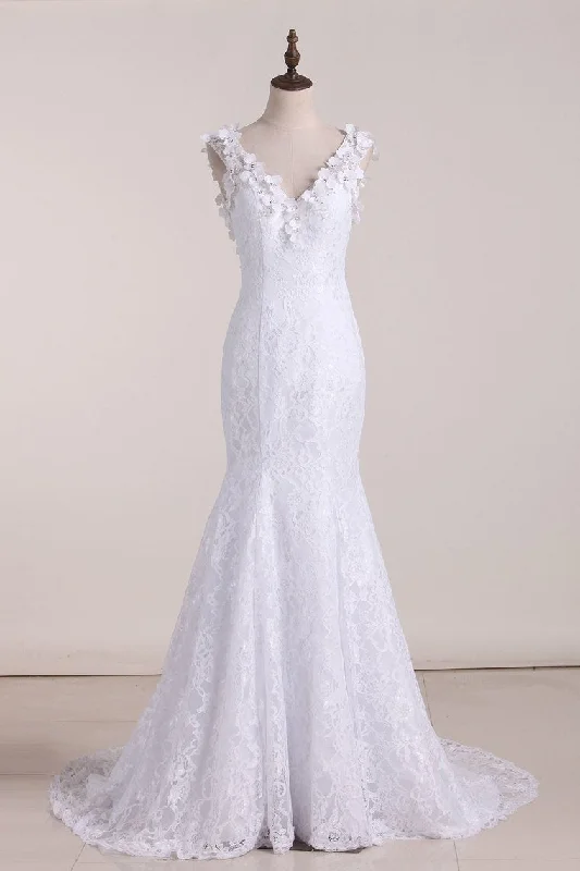 Graceful Lace Wedding Dress V Neck Backless A Line With Beads Off-shoulder Bridal Gown