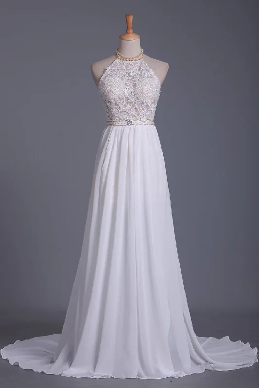 Halter A Line Wedding Dresses Chiffon With Applique Modern Wedding Gown