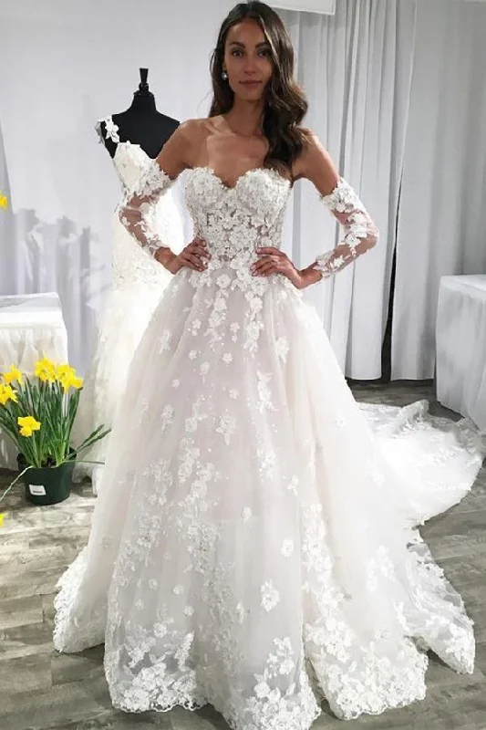 A Line Long Sleeves Ivory Lace Appliques Beads Sweetheart Long Wedding Dresses Lace A-line Dress