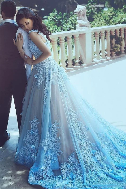 A-Line Square Chapel Train Sleeveless Blue Tulle Wedding Dress with Appliques Sash Princess Wedding Dress