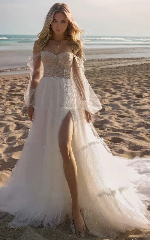 Beach Off-the-Shoulder A-Line Tulle Wedding Dress Sexy High Split Front Sweetheart Neckline Low Back Bridal Gown Luxury Wedding Dress