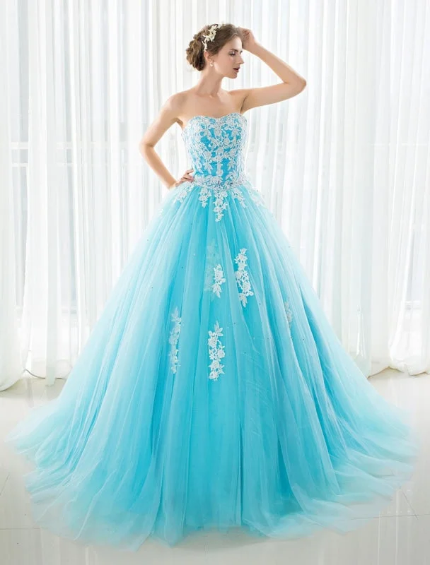 Blue Wedding Dress Lace Applique Tulle Court Train Strapless Sweetheart Lace-Up A-Line Bridal Gown Elegant Lace Gown