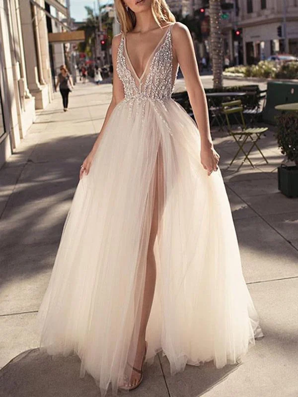 Bridal Dress 2021 A Line V Neck Sleeveless Beaded Court Train Front Split Tulle Bridal Gowns Sexy Lace Gown