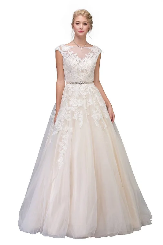 Eureka 6601 Cap Sleeved Wedding Gown Bateau Neck with Appliques Full Length Gown