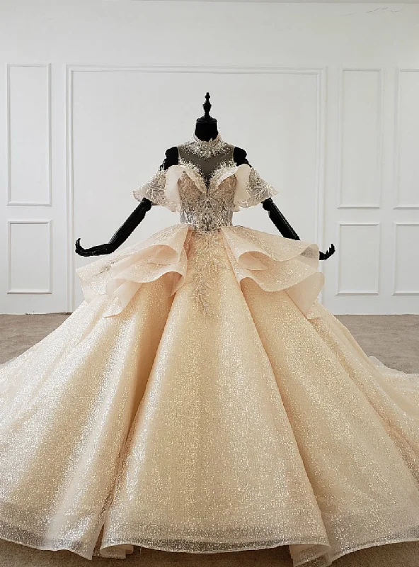 Champagne Gold Ball Gown Tulle Sequins High Neck Backless Wedding Dress Vintage Style Dress