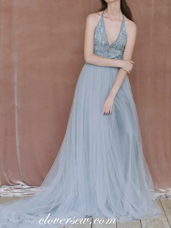 Dusty Blue Tulle Beaded Halter A-line Unique Wedding Dresses, CW0250 Off-shoulder Wedding Gown