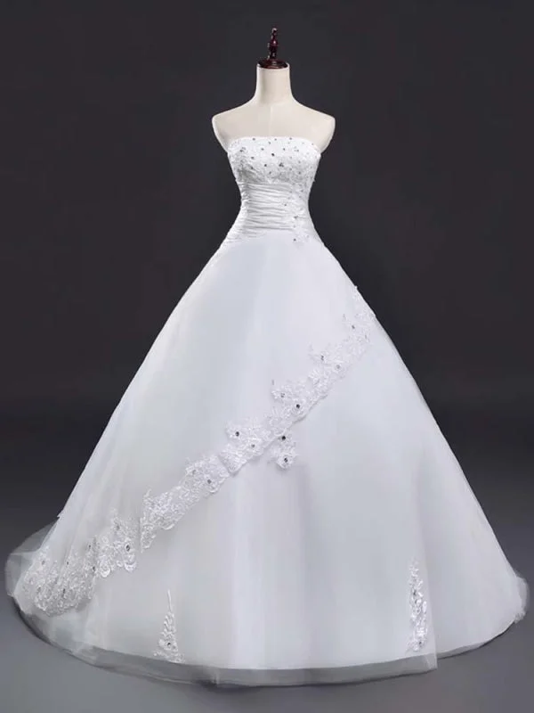 Glamorous Strapless Lace-Up Beaded Ball Gown Wedding Dresses Chic Lace Dress