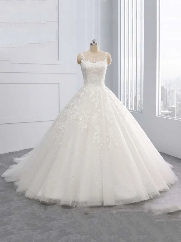 Gorgeous Lace-Up Sweep Train Ball Gown Wedding Dresses Lace Sleeveless Dress