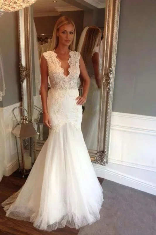 Ivory V Neck Sleeveless Mermaid Long Tulle Wedding Dress Classic Bridal Gown