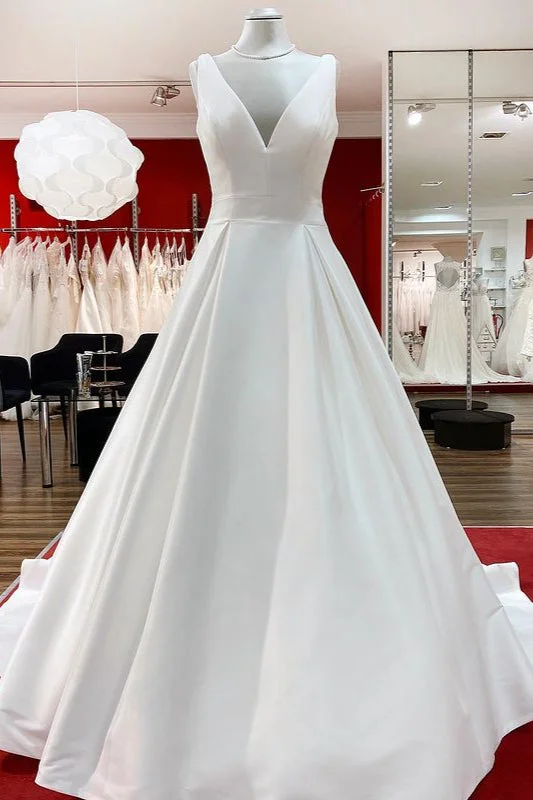 Long A-Line V-Neck Satin Open Back Wedding Dress with Ruffles Empire Waist Gown