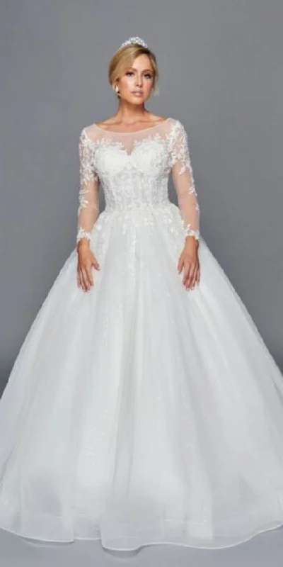 DeKlaire Bridal 442 Long Sleeve A-Line Wedding Gown Boat Neckline Beaded Lace Classic Lace Gown