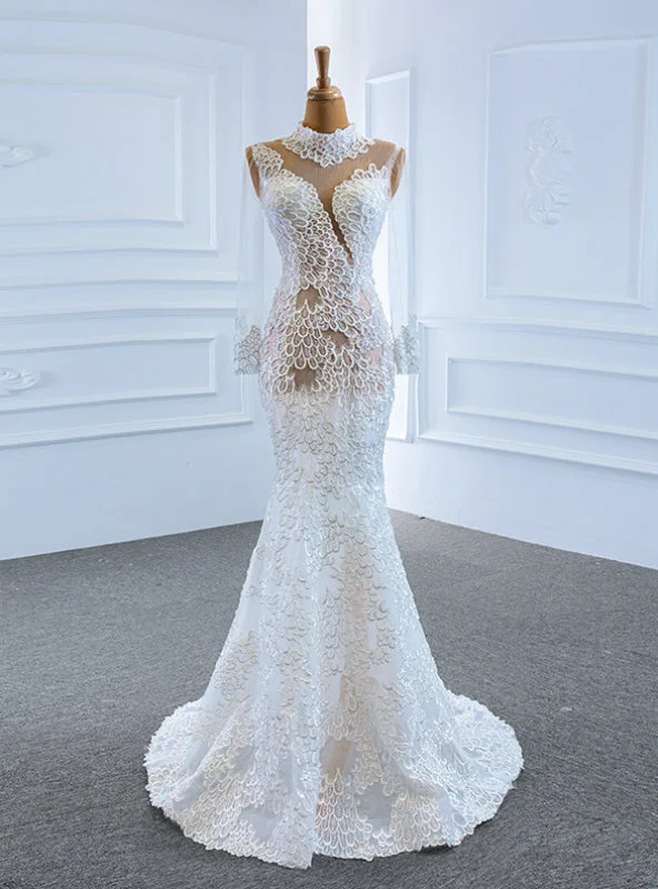 Low Price Guarantee White Mermaid Lace Long Sleeve High Neck Wedding Dress Strapless Bridal Dress