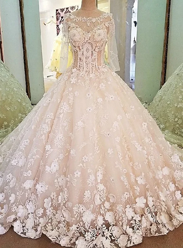 Luxury Bridal Gown With Sleeves Beading 3D Flowers Ball Gown Lace Wedding Dress Glamorous Wedding Dress