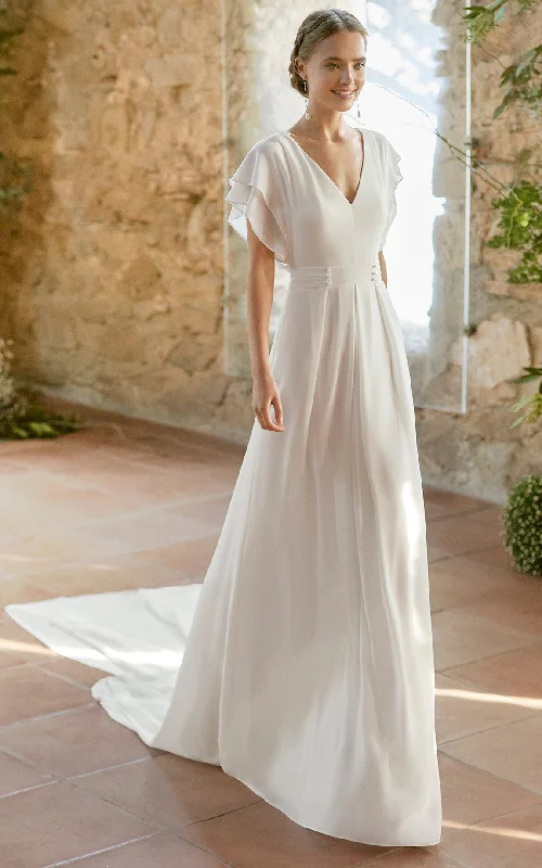 Modest Civil Short Sleeves A-Line Wedding Dress Simple Casual V-Neck Low-V Back Floor Length Bridal Gown with Train Simple Wedding Dress