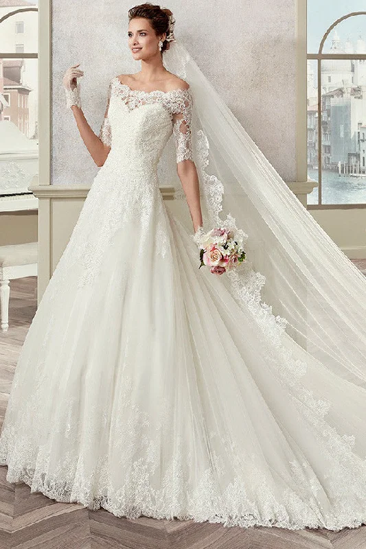 Off-Shoulder A-Line Bridal Gown With Half Sleeves And Scalloped Neckline-MK_704727 Simple Wedding Gown