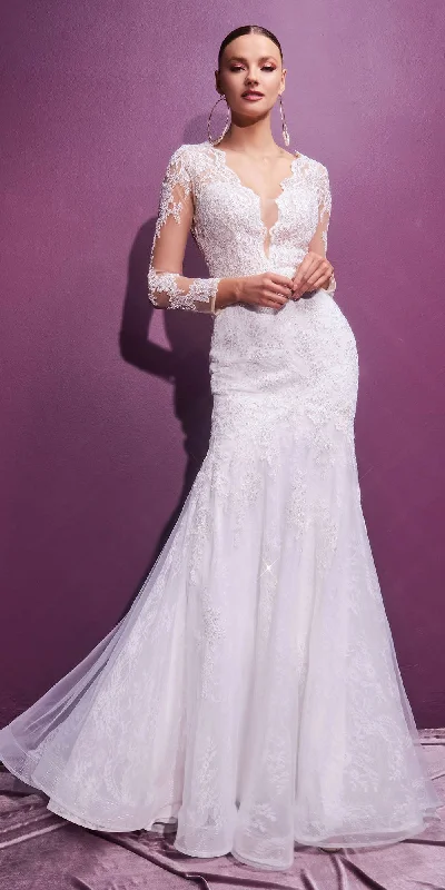 Cinderella Divine CD951W Lace Mermaid Gown With Long Illusion Sleeves A-line Wedding Gown