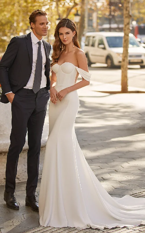 Sexy Modern Mermaid Off-the-Shoulder Wedding Dress Summer City Hall Western Sleeveless Floor Length Bridal Gown with Court Train Floral Lace Wedding