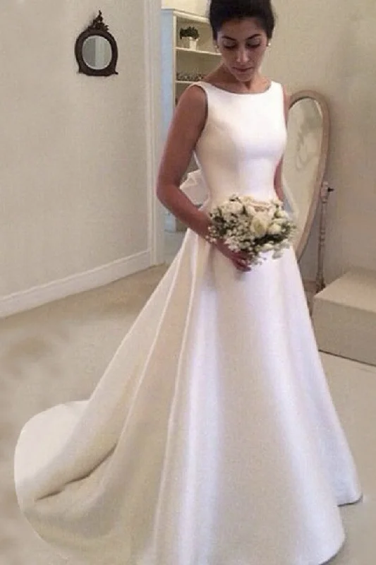 Simple Modest Satin A-Line Bateau Neck Wedding Dress Elegant Romantic Sleeveless Backless Bridal Gown with Court Train Chic Bridal Gown