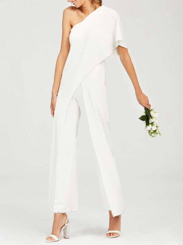 Simple Wedding Jumpsuits Ivory One Shoulder Culottes Bridal Dress Tiered Wedding Dress