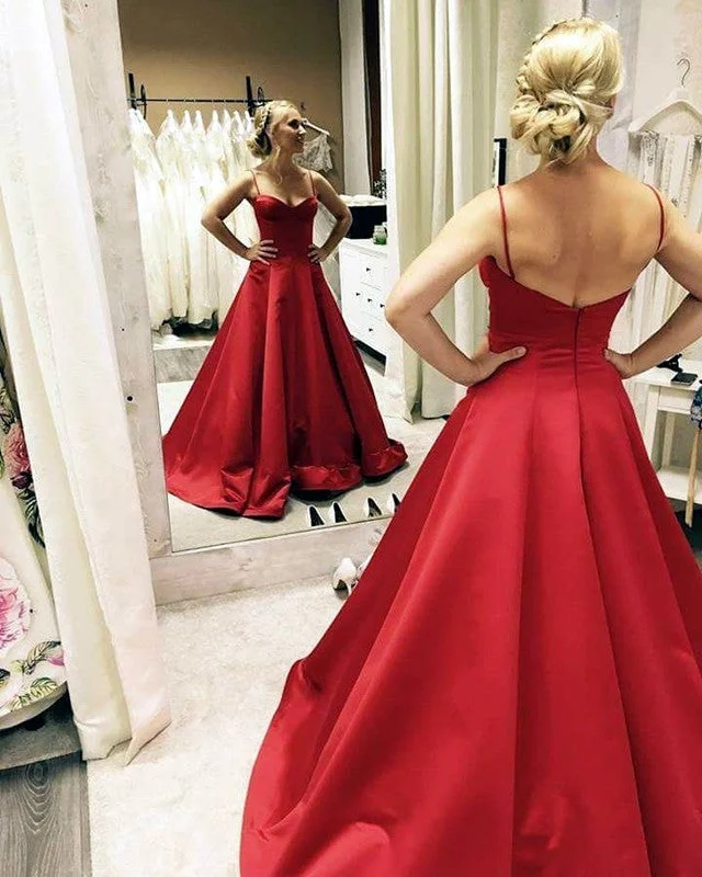 Spaghetti Straps Sweetheart Long Satin Ball Gown Prom Dresses Sparkling Bridal Gown