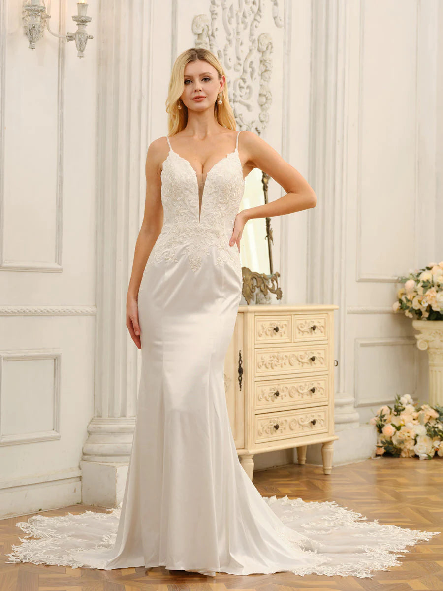 Trumpet/Mermaid Spaghetti Straps Sleeveless Long Wedding Dresses With Appliques Elegant Bridal Gown