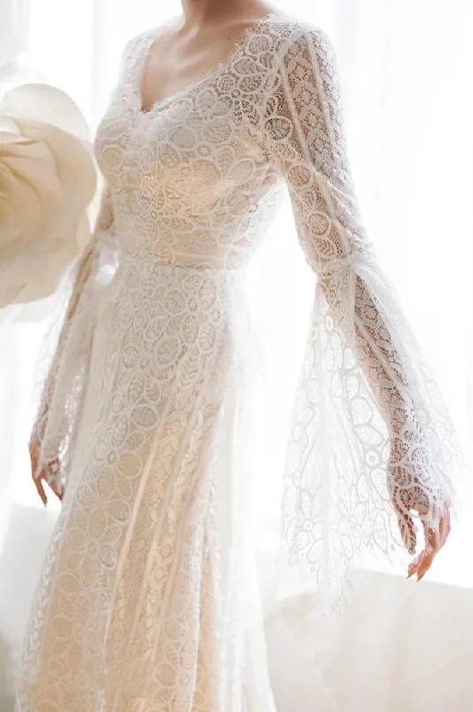 Unique V Neck Lace-up Mermaid Back Bridal Dresses Ivory Lace Trumpet Sleeve Wedding Dresses STI15469 Off-shoulder Gown