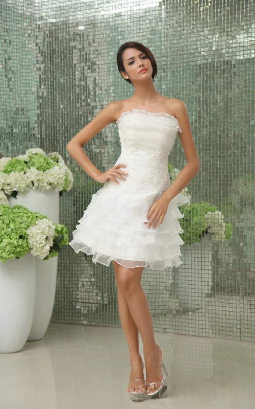 Vibrant Strapless Sleeveless  Short Wedding Gown With Apliques And Ruffles-GC_705002 Sleek Wedding Dress