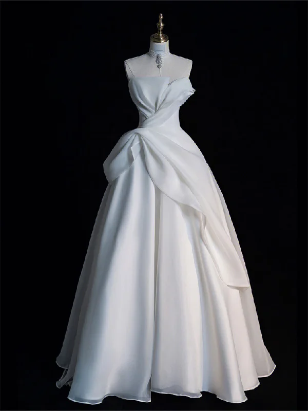 White Strapless Pleats Wedding Dress Satin Bridal Gown