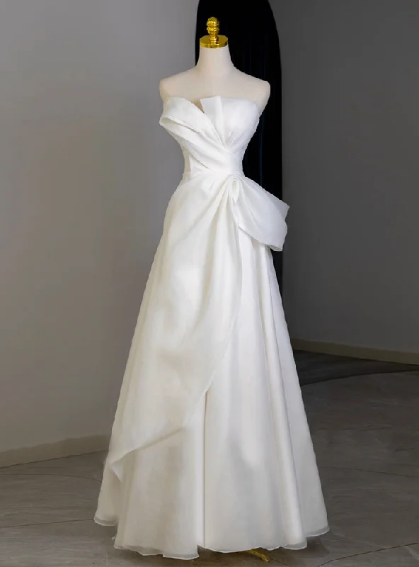 White Strapless Tulle Pleats Wedding Dress Sexy Satin Gown