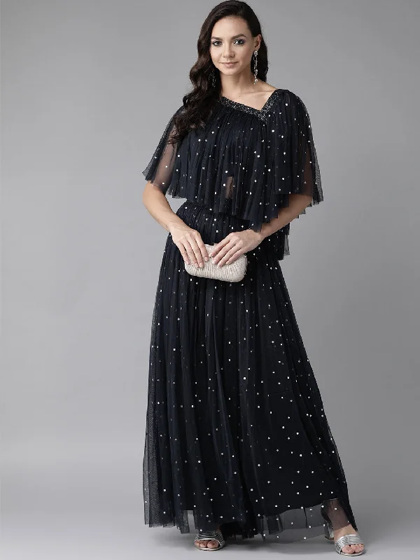 Ahalyaa Navy Blue & Silver Foil Print Layered Top with Skirt Engagement unclassified skirts