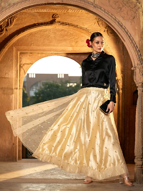 Lyush Women Black Satin Shirt With Gold Tulle Sequin Skirt Winter unclassified skirts