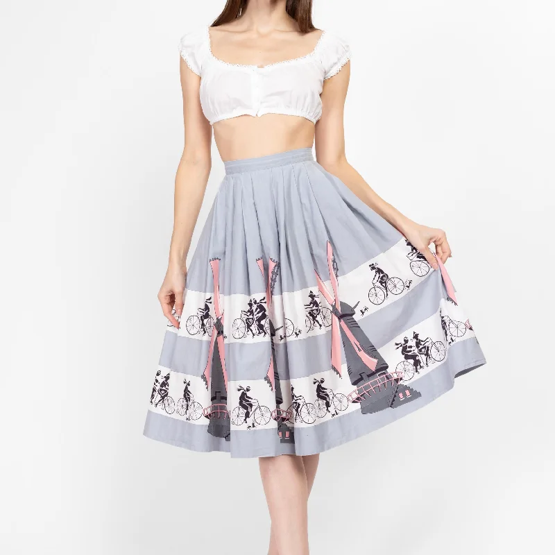 XS 60s Dutch Windmill & Bicycle Novelty Print Skirt 23" Embroidered unclassified skirts