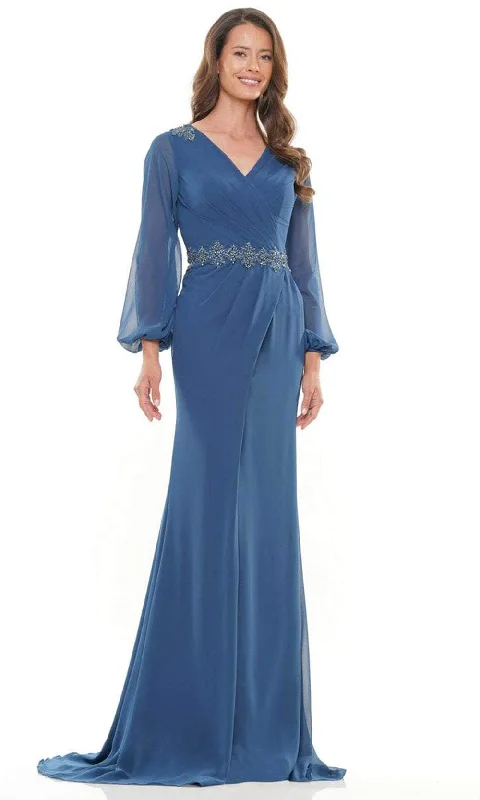 Marsoni by Colors MV1273-1 - V-Neck Long Sleeve Long Gown Satin party dresses