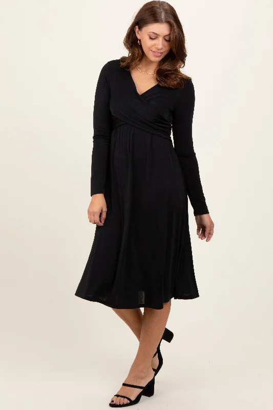 Black Crossover V-Neckline Long Sleeve Nursing Dress Sexy little black maxi dresses