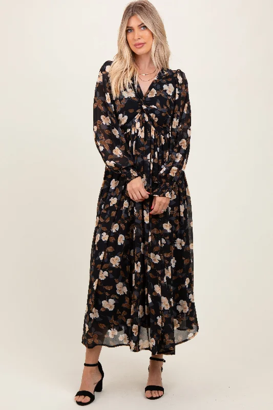 Black Floral Chiffon Twist Front Wrap Maxi Dress Off-shoulder maxi dresses