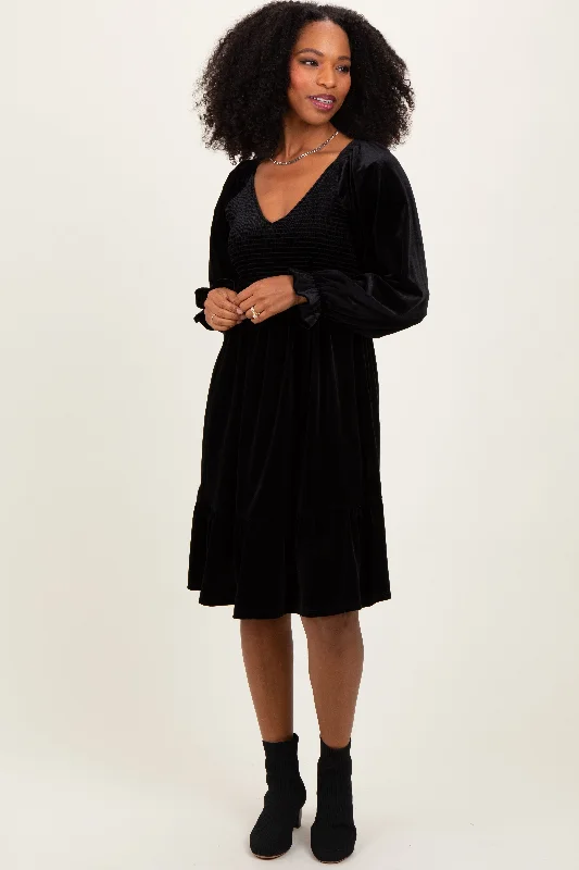 Black Velvet Smocked Long Sleeve Dress Ruffled maxi dresses